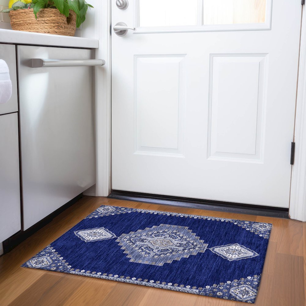 Premium Machine Washable Mayfield AMF1014 Navy 1'8" x 2'6" Rug. Picture 5