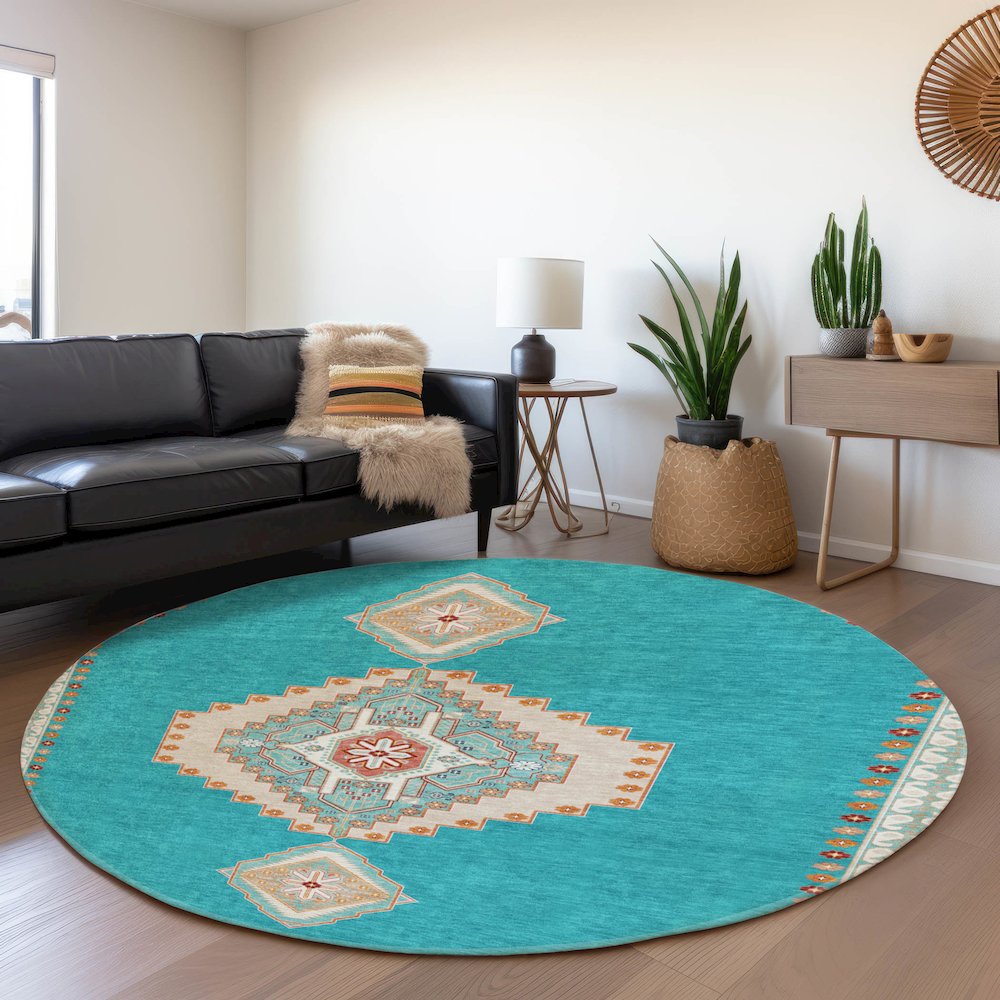 Premium Machine Washable Mayfield AMF1014 Teal 8' x 8' Round Rug. Picture 5