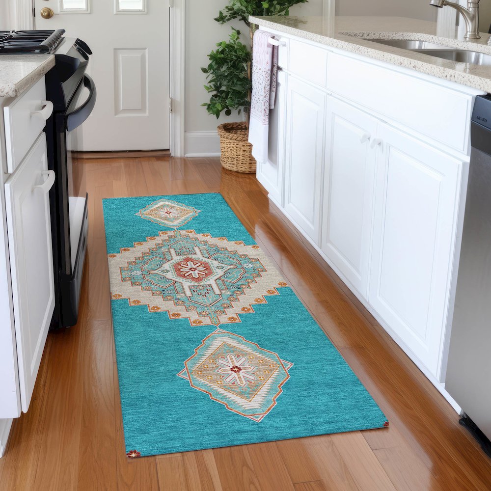 Premium Machine Washable Mayfield AMF1014 Teal 2'3" x 7'6" Runner Rug. Picture 5