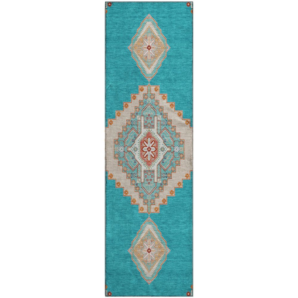 Premium Machine Washable Mayfield AMF1014 Teal 2'3" x 7'6" Runner Rug. Picture 1