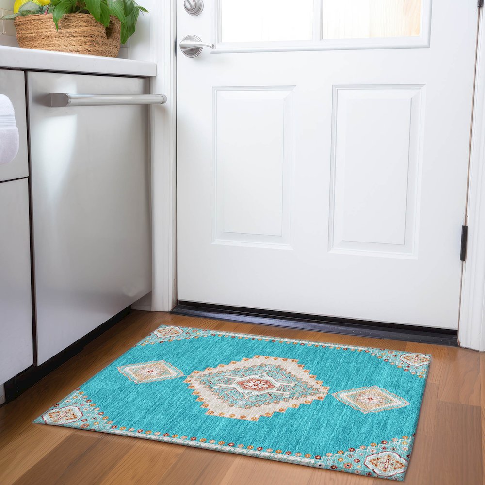 Premium Machine Washable Mayfield AMF1014 Teal 1'8" x 2'6" Rug. Picture 5