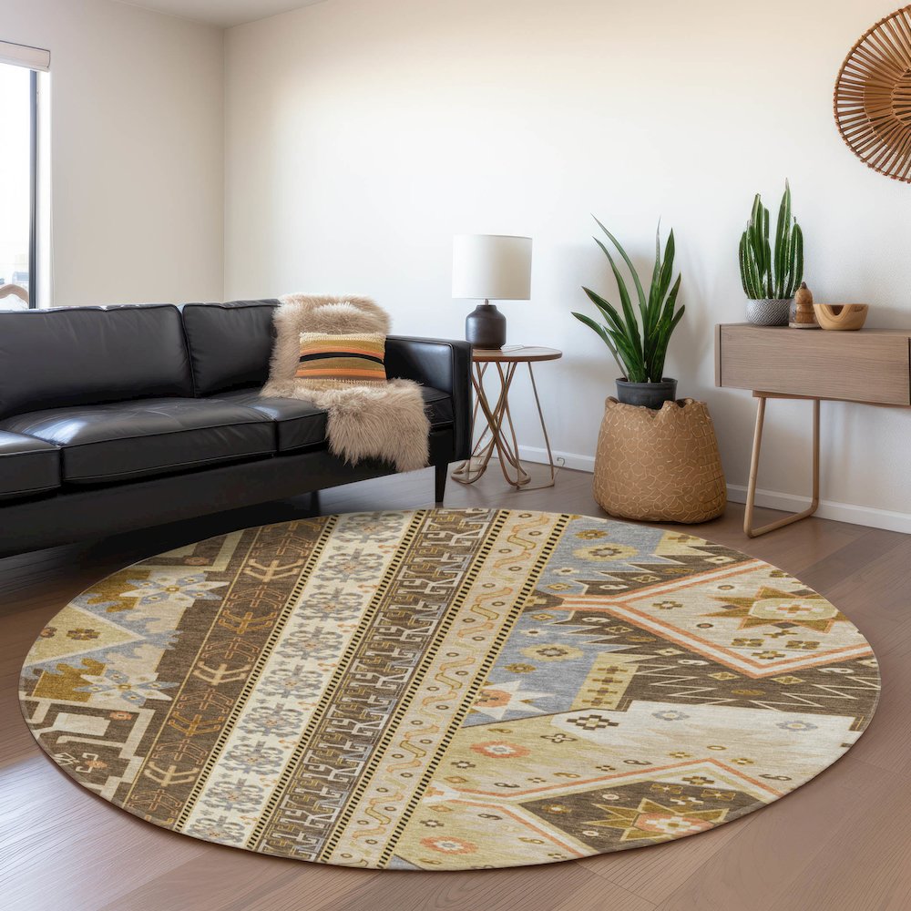 Premium Machine Washable Mayfield AMF1015 Brown 8' x 8' Round Rug. Picture 5