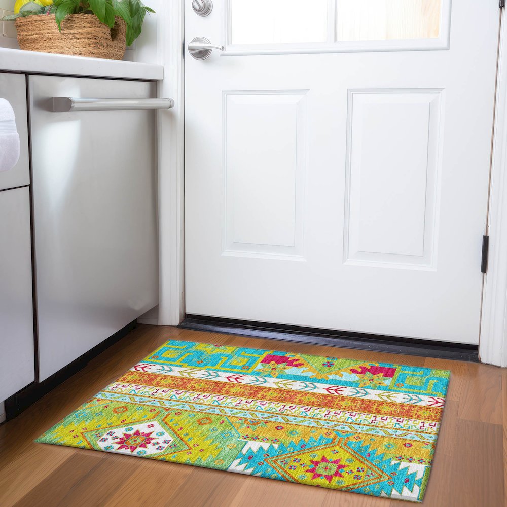 Premium Machine Washable Mayfield AMF1015 Teal 1'8" x 2'6" Rug. Picture 5