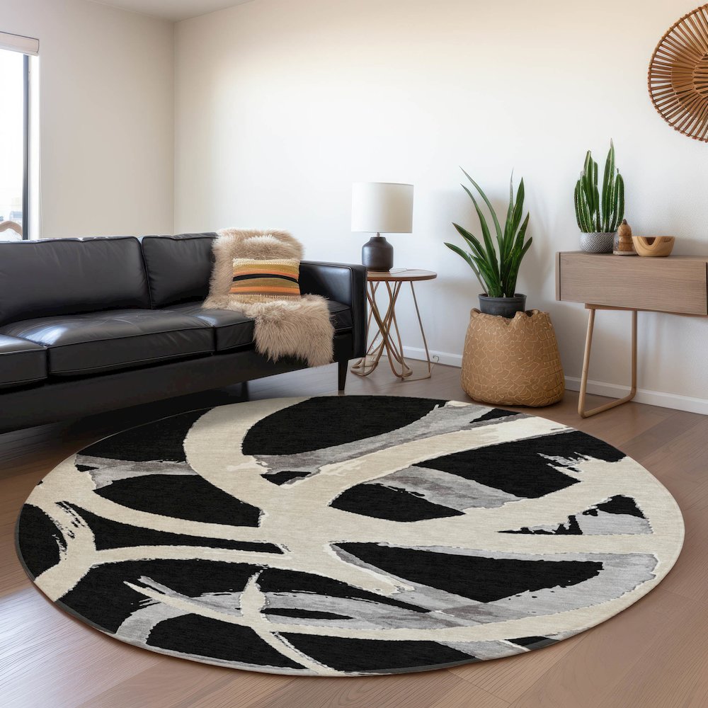 Premium Machine Washable Mayfield AMF1022 Black 8' x 8' Round Rug. Picture 5