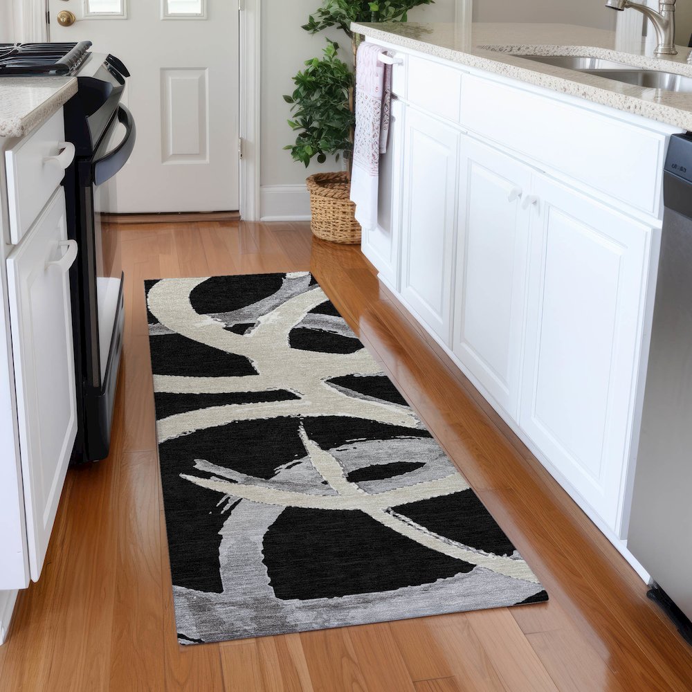 Premium Machine Washable Mayfield AMF1022 Black 2'3" x 7'6" Runner Rug. Picture 5