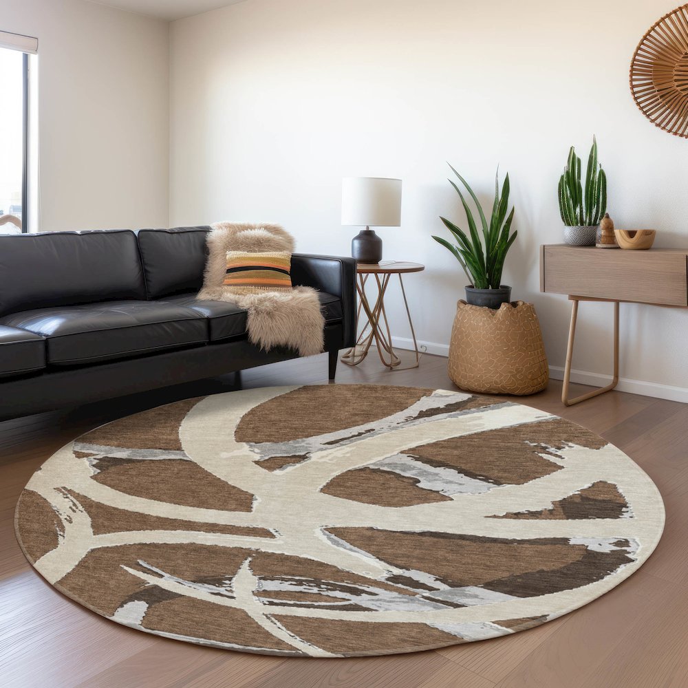 Premium Machine Washable Mayfield AMF1022 Brown 8' x 8' Round Rug. Picture 5