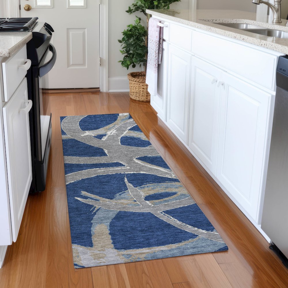 Premium Machine Washable Mayfield AMF1022 Navy 2'3" x 7'6" Runner Rug. Picture 5