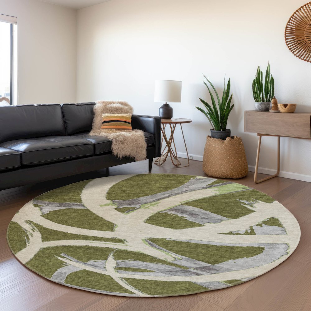 Premium Machine Washable Mayfield AMF1022 Olive 8' x 8' Round Rug. Picture 5