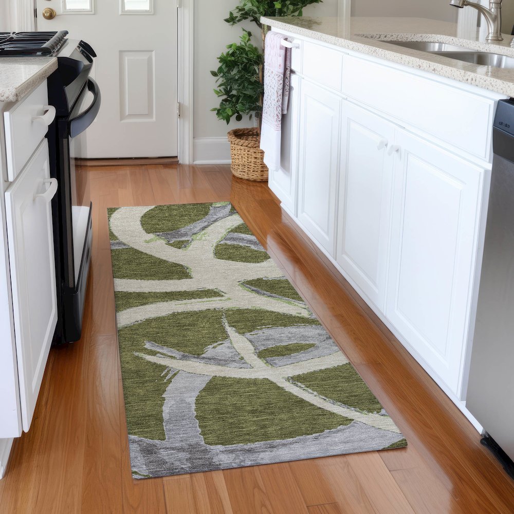 Premium Machine Washable Mayfield AMF1022 Olive 2'3" x 7'6" Runner Rug. Picture 5