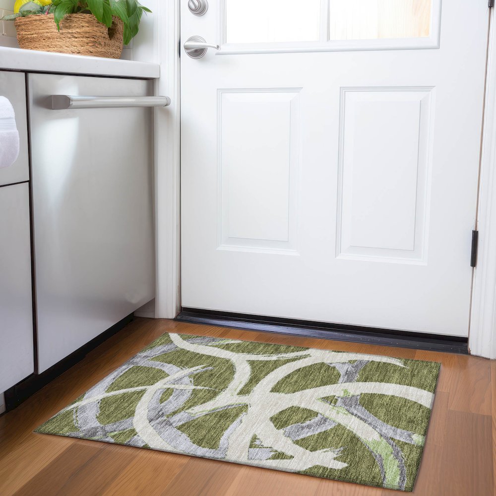 Premium Machine Washable Mayfield AMF1022 Olive 1'8" x 2'6" Rug. Picture 5