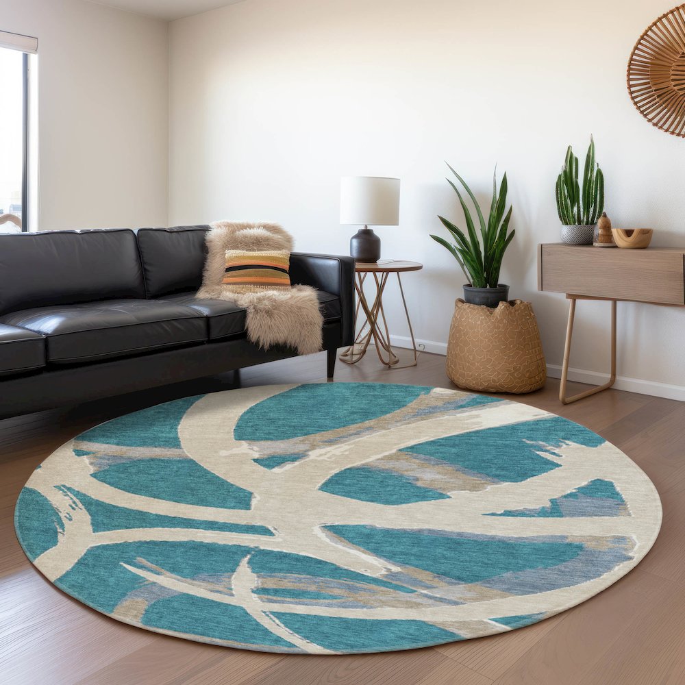 Premium Machine Washable Mayfield AMF1022 Teal 8' x 8' Round Rug. Picture 5