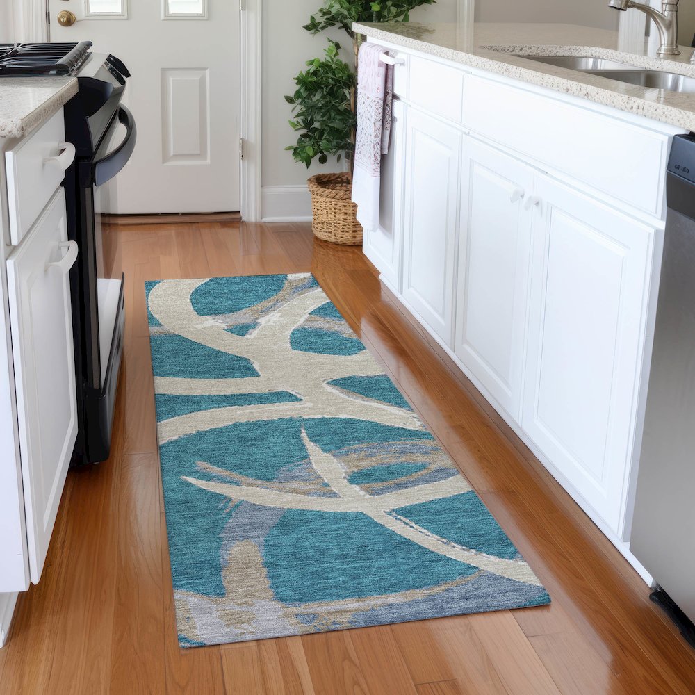 Premium Machine Washable Mayfield AMF1022 Teal 2'3" x 7'6" Runner Rug. Picture 5