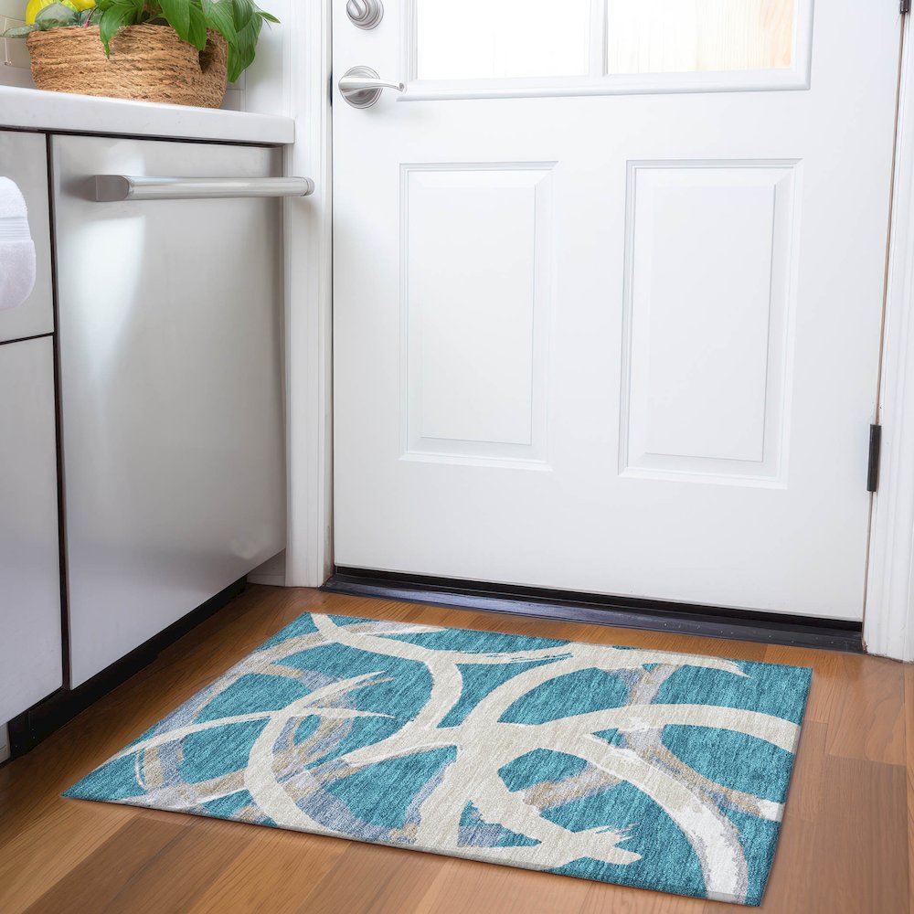 Premium Machine Washable Mayfield AMF1022 Teal 1'8" x 2'6" Rug. Picture 5