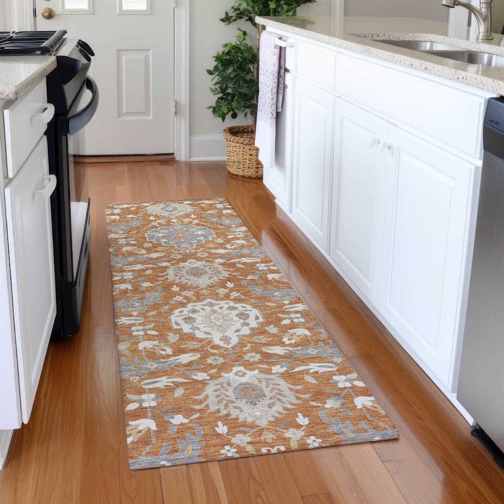 Premium Machine Washable Mayfield AMF1026 Copper 2'3" x 7'6" Runner Rug. Picture 5