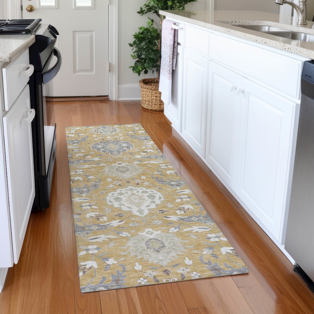 Premium Machine Washable Mayfield AMF1026 Gold 2'3" x 7'6" Runner Rug. Picture 5