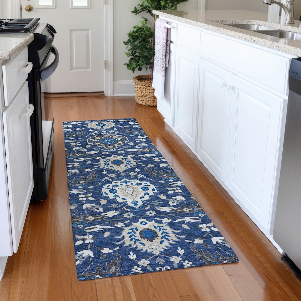Premium Machine Washable Mayfield AMF1026 Navy 2'3" x 7'6" Runner Rug. Picture 5