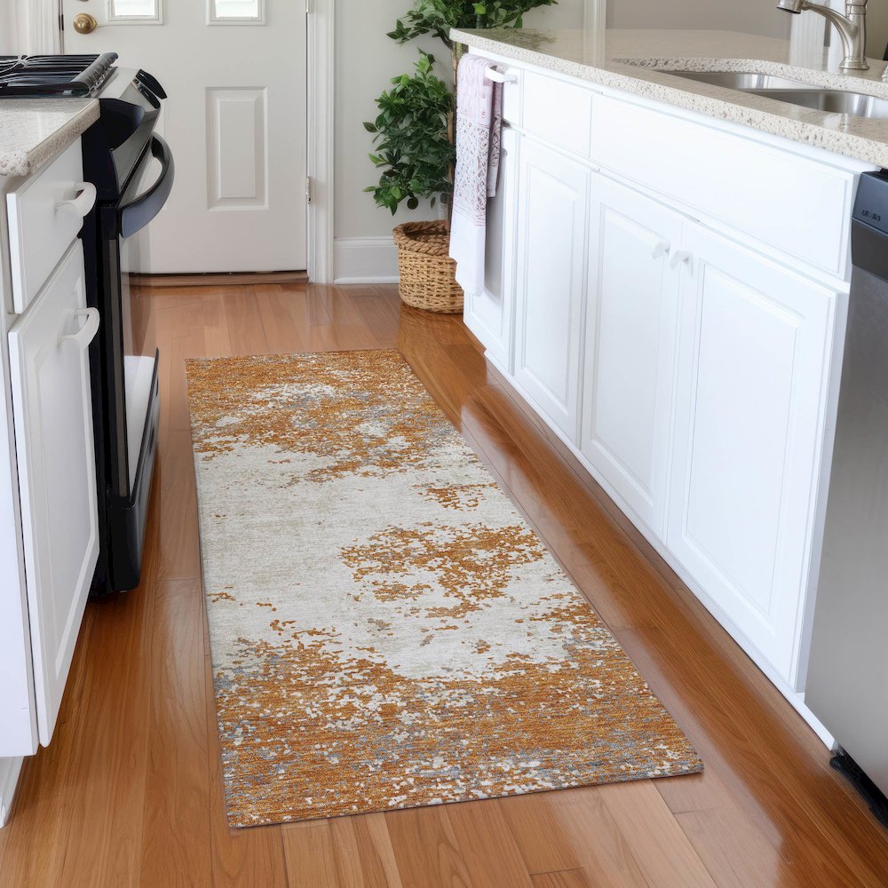 Premium Machine Washable Mayfield AMF1027 Copper 2'3" x 7'6" Runner Rug. Picture 5