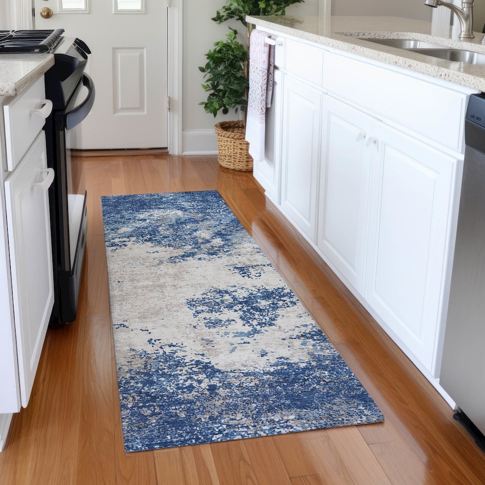 Premium Machine Washable Mayfield AMF1027 Navy 2'3" x 7'6" Runner Rug. Picture 5