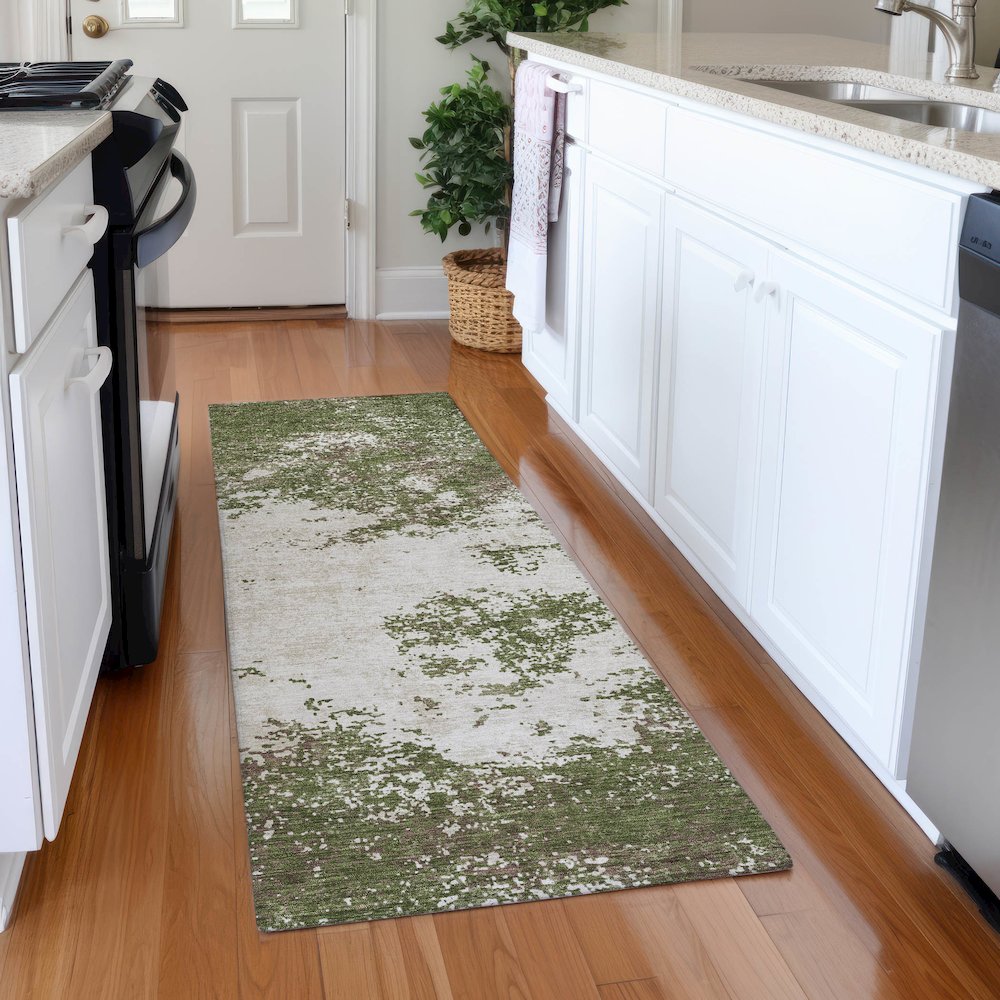 Premium Machine Washable Mayfield AMF1027 Olive 2'3" x 7'6" Runner Rug. Picture 5