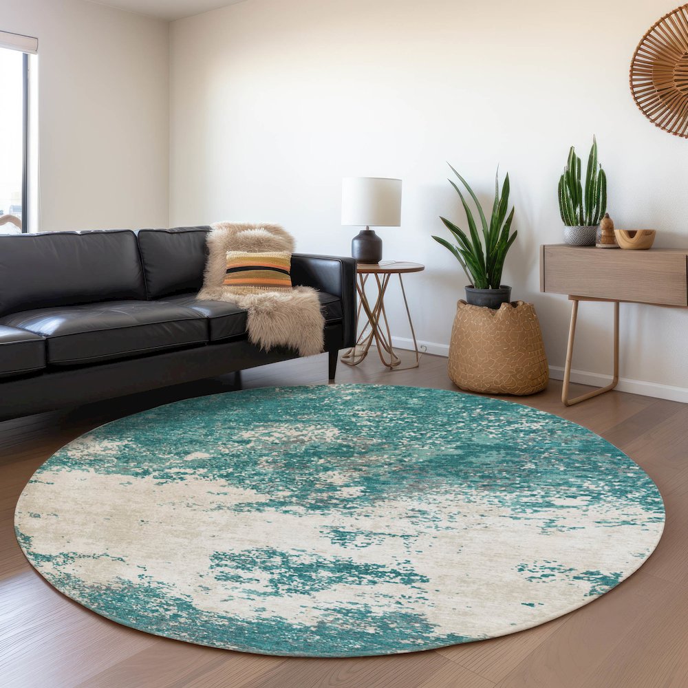 Premium Machine Washable Mayfield AMF1027 Teal 8' x 8' Round Rug. Picture 5
