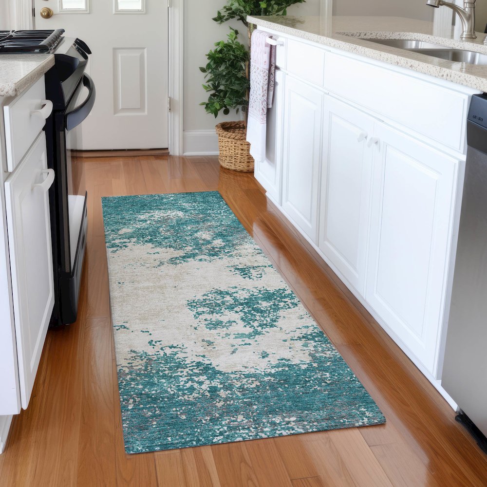 Premium Machine Washable Mayfield AMF1027 Teal 2'3" x 7'6" Runner Rug. Picture 5
