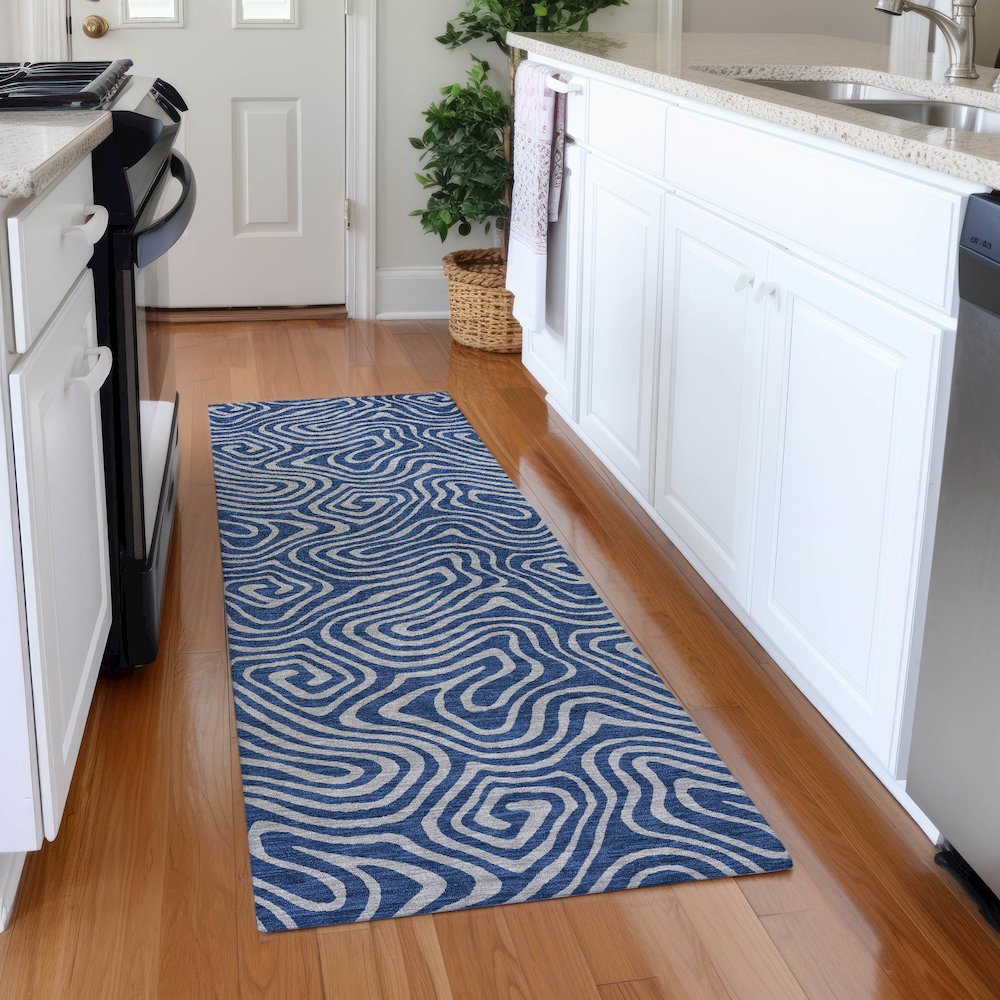 Premium Machine Washable Mayfield AMF1031 Navy 2'3" x 7'6" Runner Rug. Picture 5