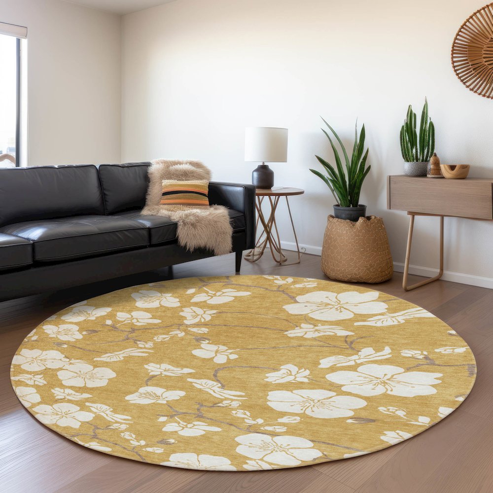 Premium Machine Washable Mayfield AMF1032 Gold 8' x 8' Round Rug. Picture 5