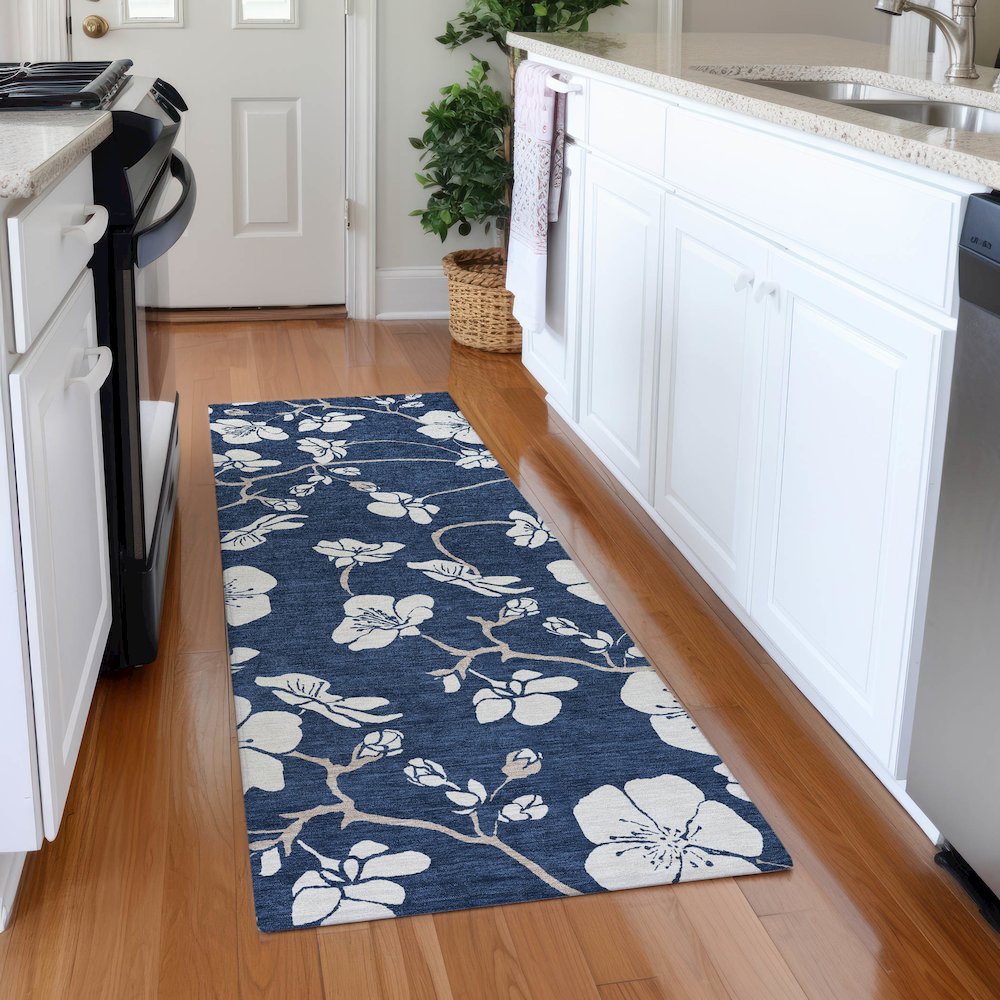 Premium Machine Washable Mayfield AMF1032 Navy 2'3" x 7'6" Runner Rug. Picture 5