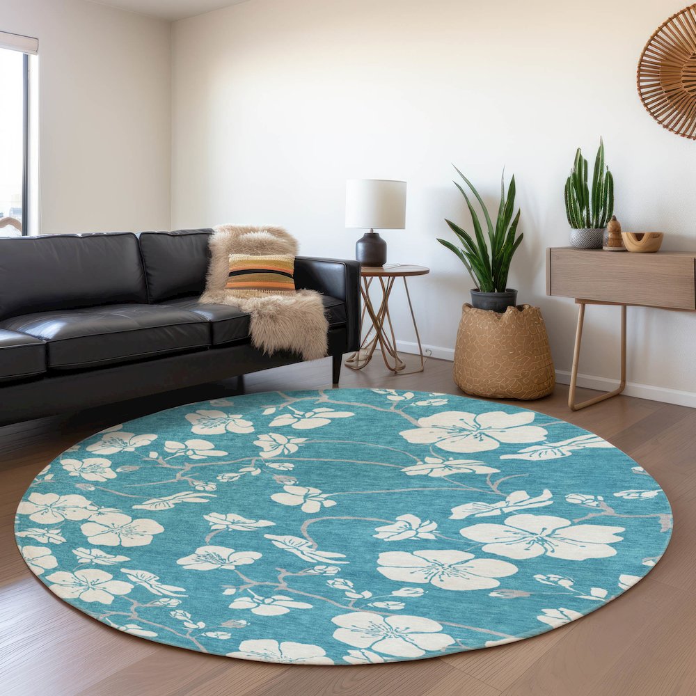 Premium Machine Washable Mayfield AMF1032 Turquoise 8' x 8' Round Rug. Picture 5