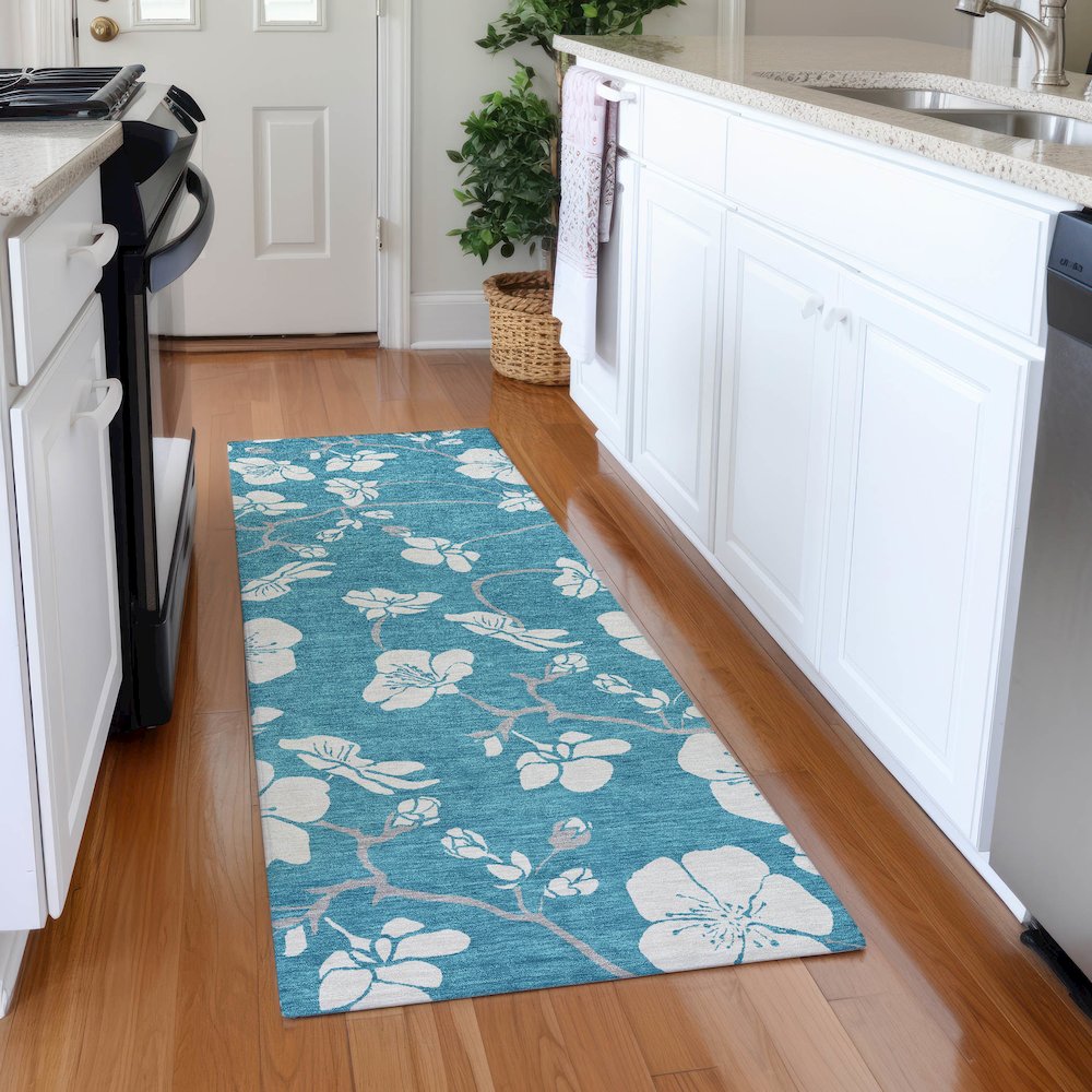 Premium Machine Washable Mayfield AMF1032 Turquoise 2'3" x 7'6" Runner Rug. Picture 5