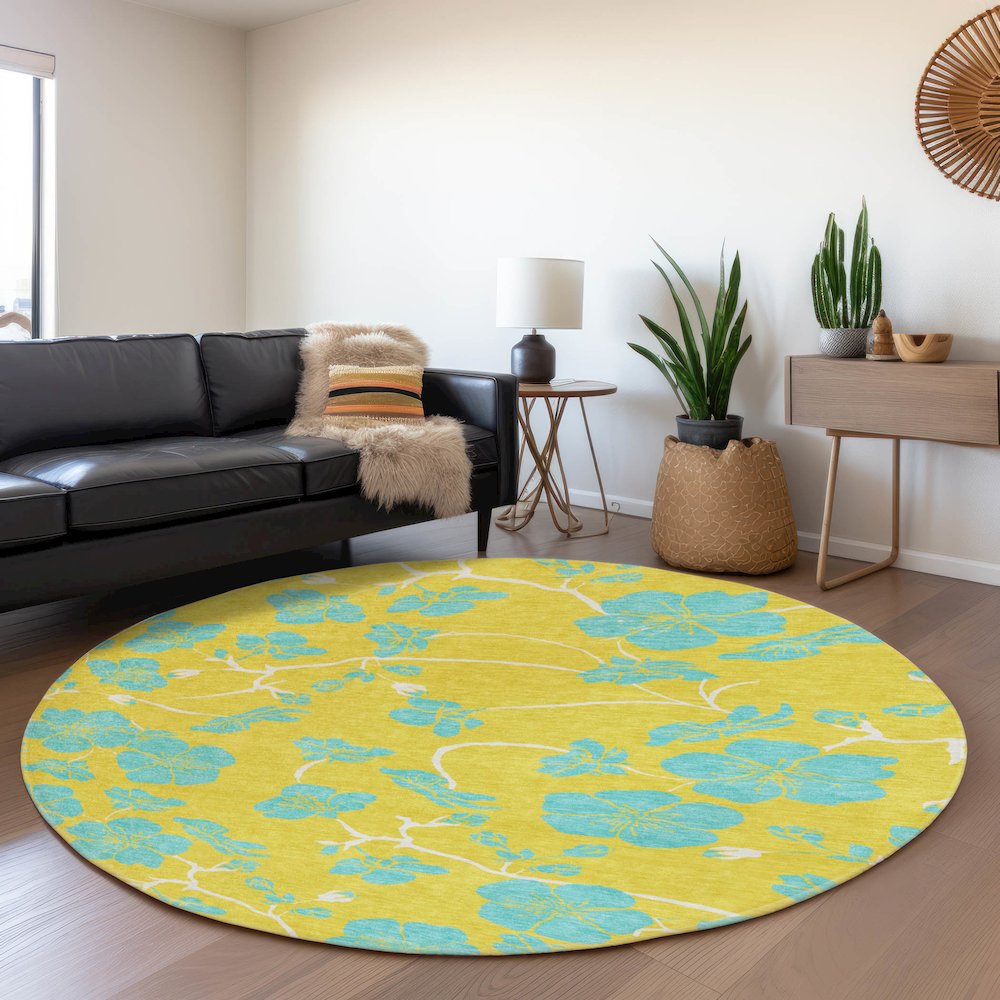 Premium Machine Washable Mayfield AMF1034 Yellow 8' x 8' Round Rug. Picture 5