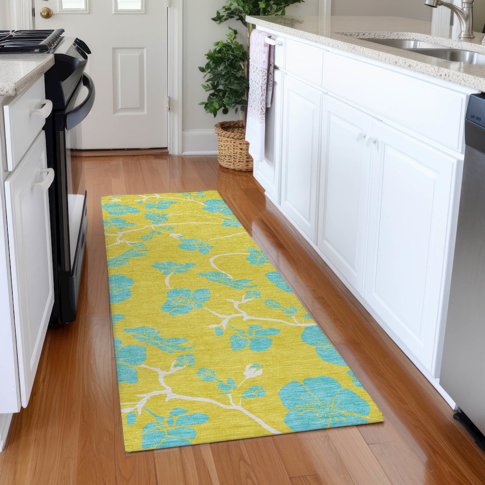 Premium Machine Washable Mayfield AMF1034 Yellow 2'3" x 7'6" Runner Rug. Picture 5