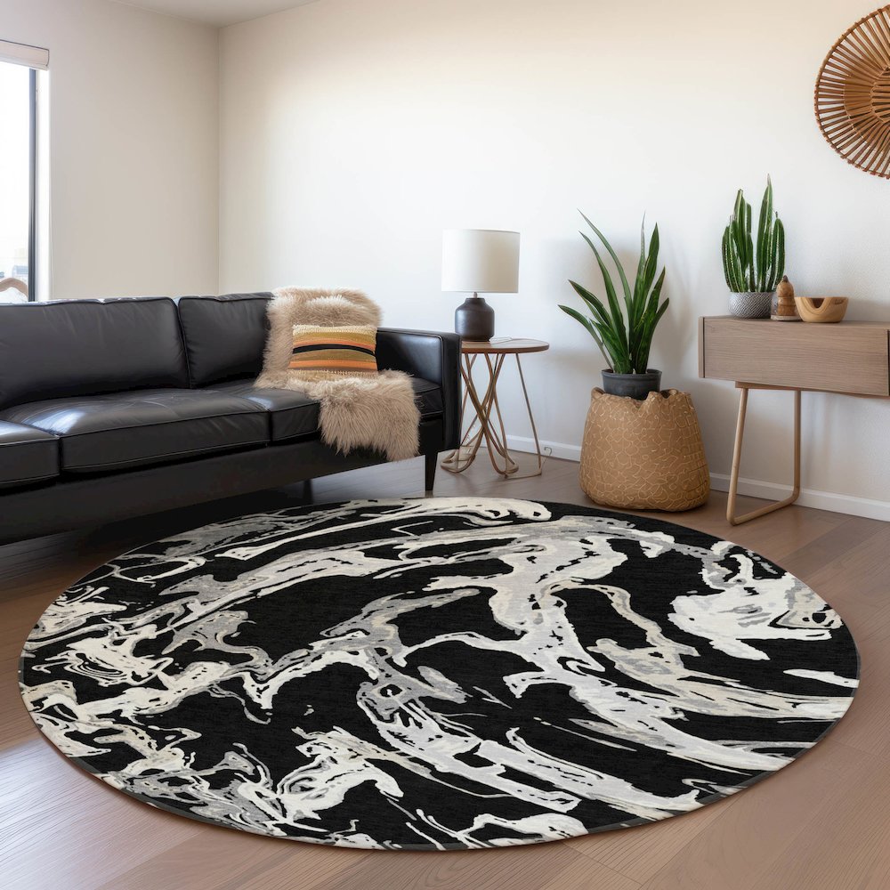 Premium Machine Washable Mayfield AMF1035 Black 8' x 8' Round Rug. Picture 5