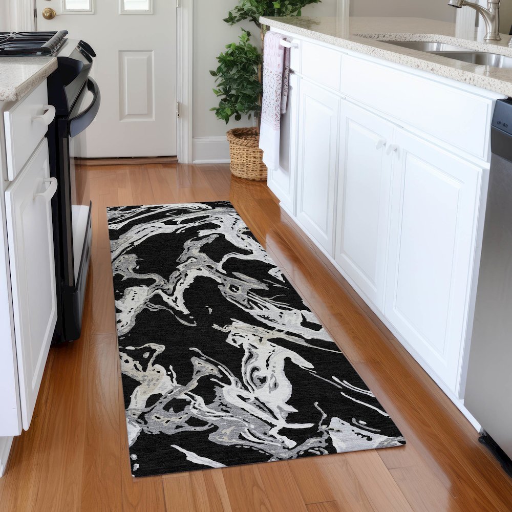 Premium Machine Washable Mayfield AMF1035 Black 2'3" x 7'6" Runner Rug. Picture 5
