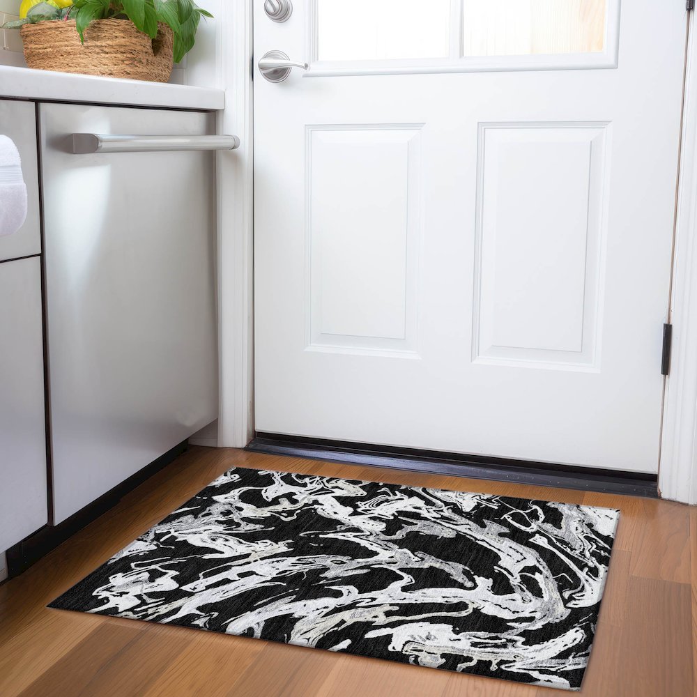 Premium Machine Washable Mayfield AMF1035 Black 1'8" x 2'6" Rug. Picture 5