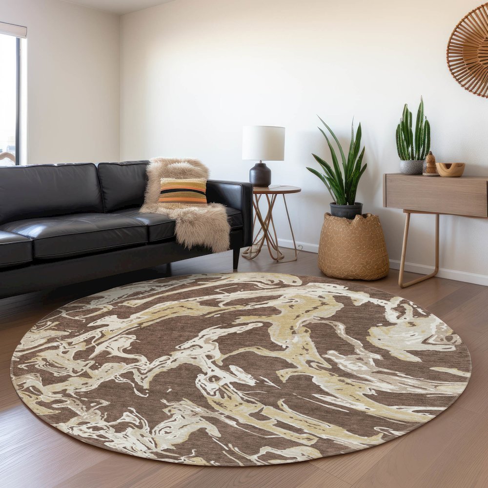 Premium Machine Washable Mayfield AMF1035 Brown 8' x 8' Round Rug. Picture 5