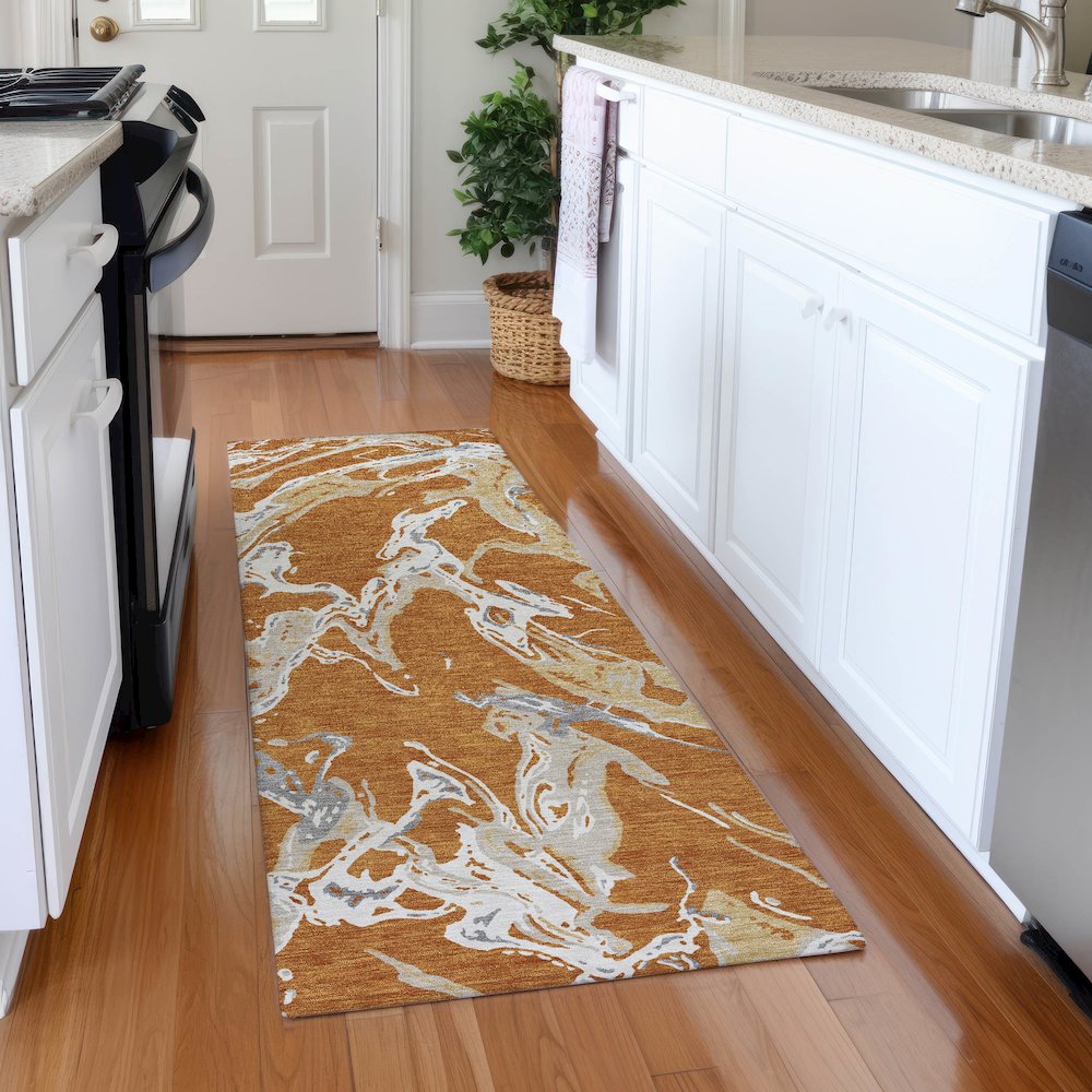 Premium Machine Washable Mayfield AMF1035 Copper 2'3" x 7'6" Runner Rug. Picture 5