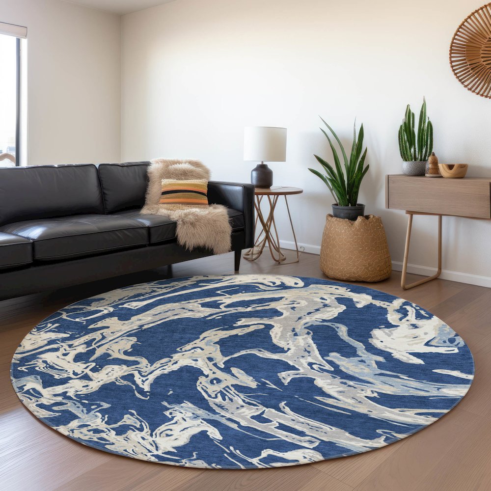 Premium Machine Washable Mayfield AMF1035 Navy 8' x 8' Round Rug. Picture 5