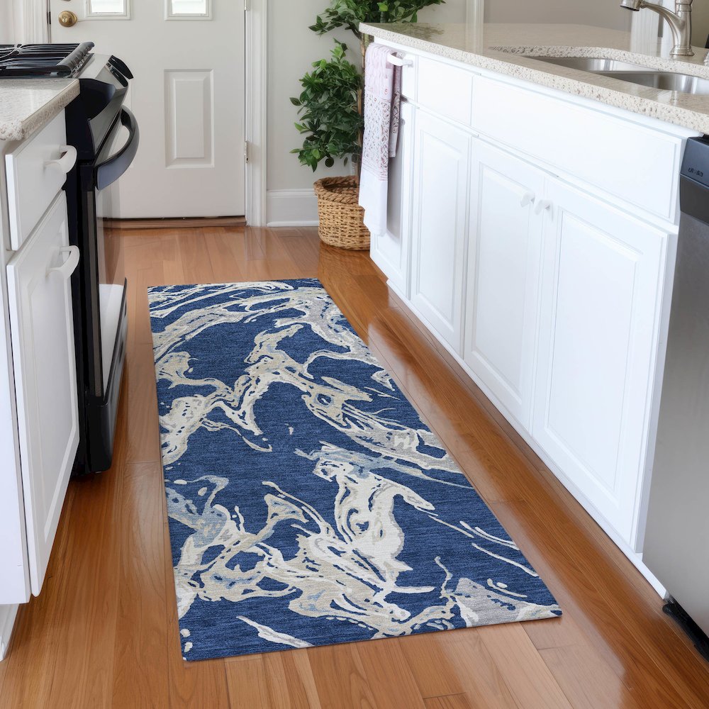 Premium Machine Washable Mayfield AMF1035 Navy 2'3" x 7'6" Runner Rug. Picture 5