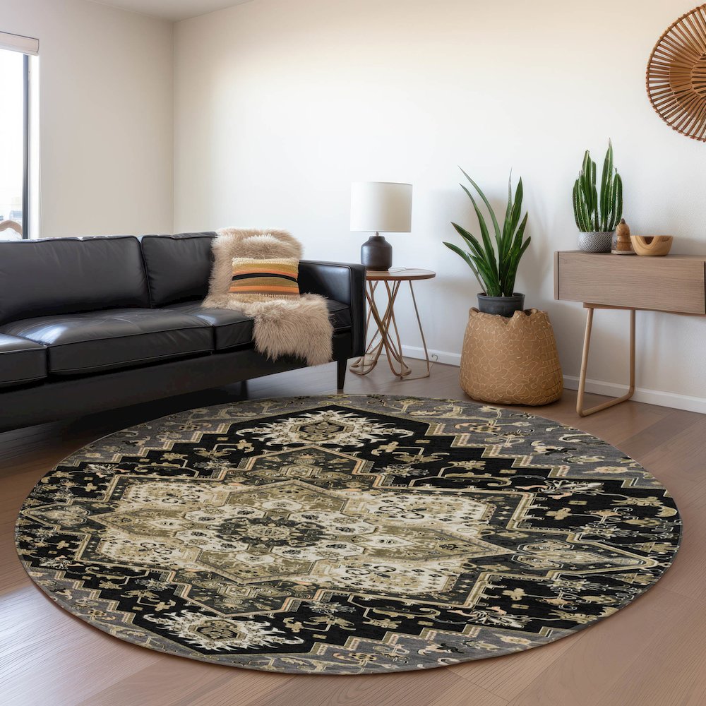 Premium Machine Washable Mayfield AMF1036 Black 8' x 8' Round Rug. Picture 5