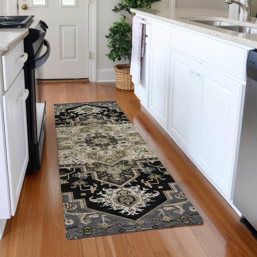 Premium Machine Washable Mayfield AMF1036 Black 2'3" x 7'6" Runner Rug. Picture 5