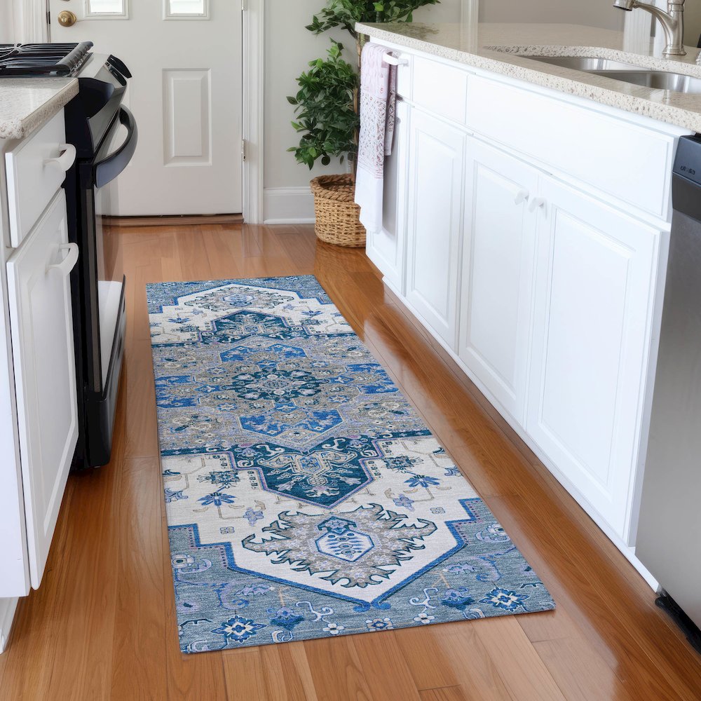 Premium Machine Washable Mayfield AMF1036 Blue 2'3" x 7'6" Runner Rug. Picture 5