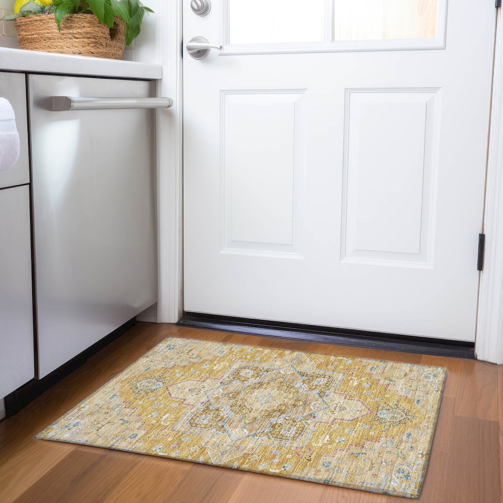 Premium Machine Washable Mayfield AMF1036 Gold 1'8" x 2'6" Rug. Picture 5