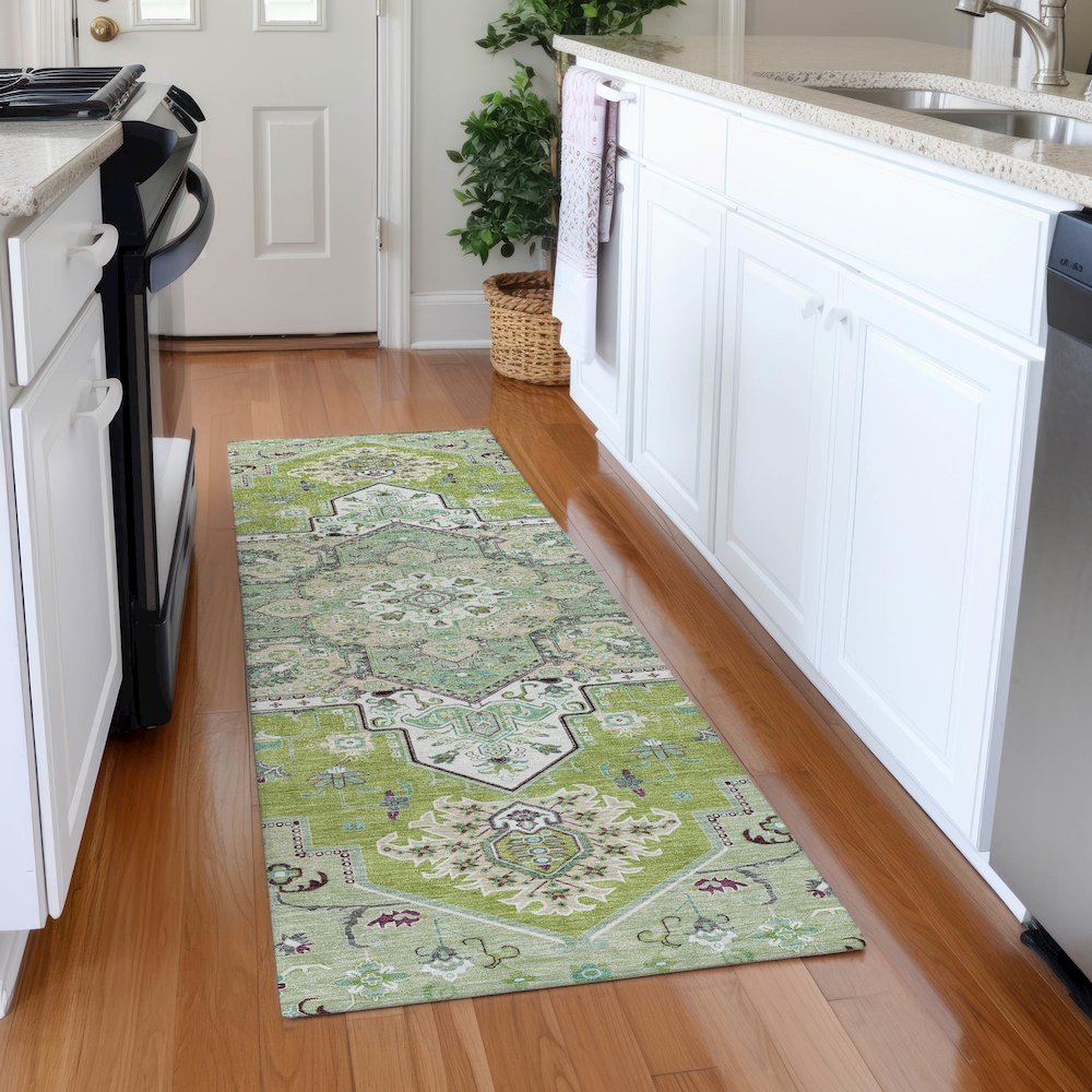 Premium Machine Washable Mayfield AMF1036 Green 2'3" x 7'6" Runner Rug. Picture 5