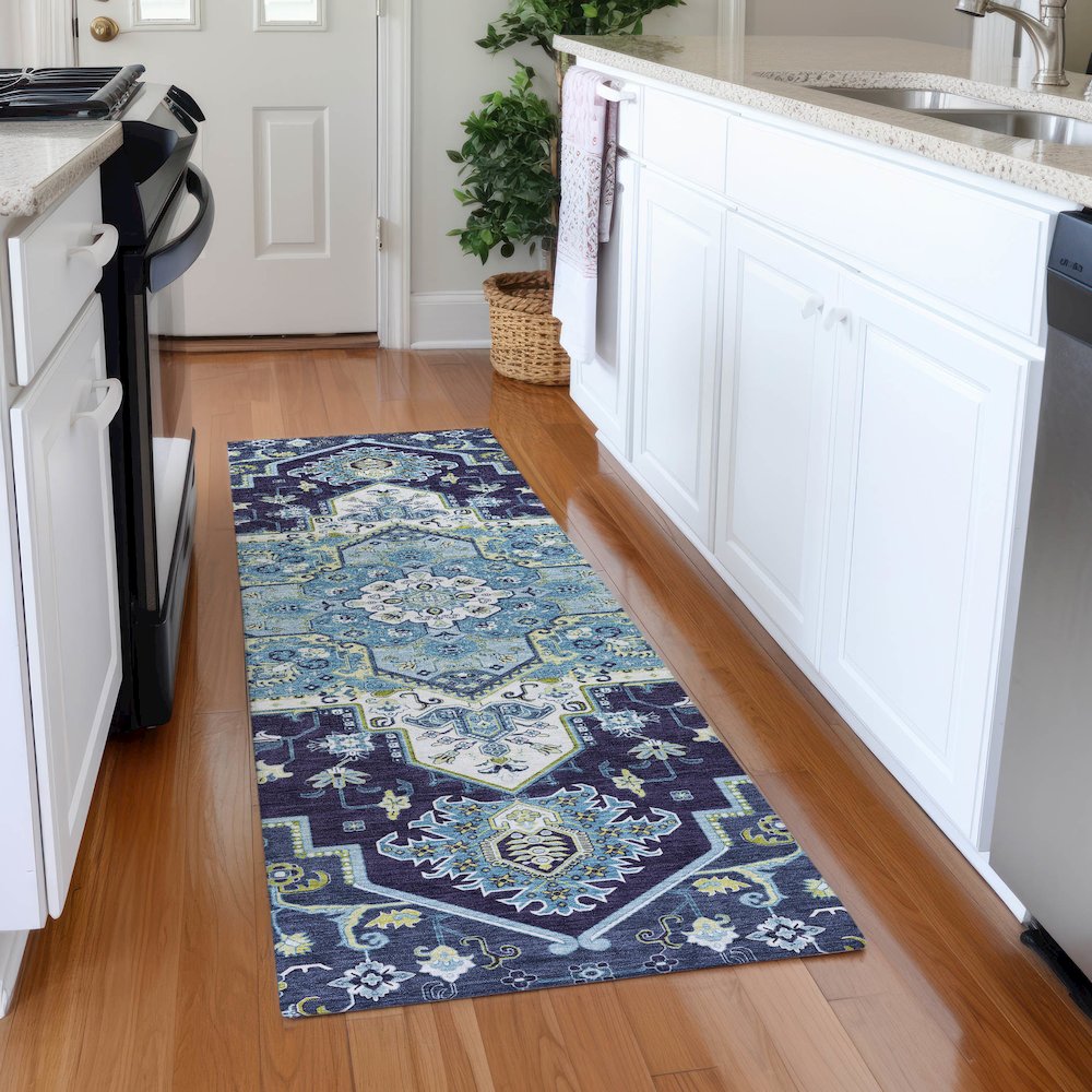 Premium Machine Washable Mayfield AMF1036 Navy 2'3" x 7'6" Runner Rug. Picture 5