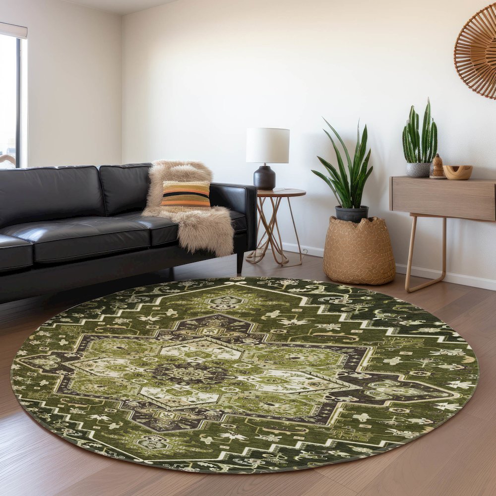 Premium Machine Washable Mayfield AMF1036 Olive 8' x 8' Round Rug. Picture 5