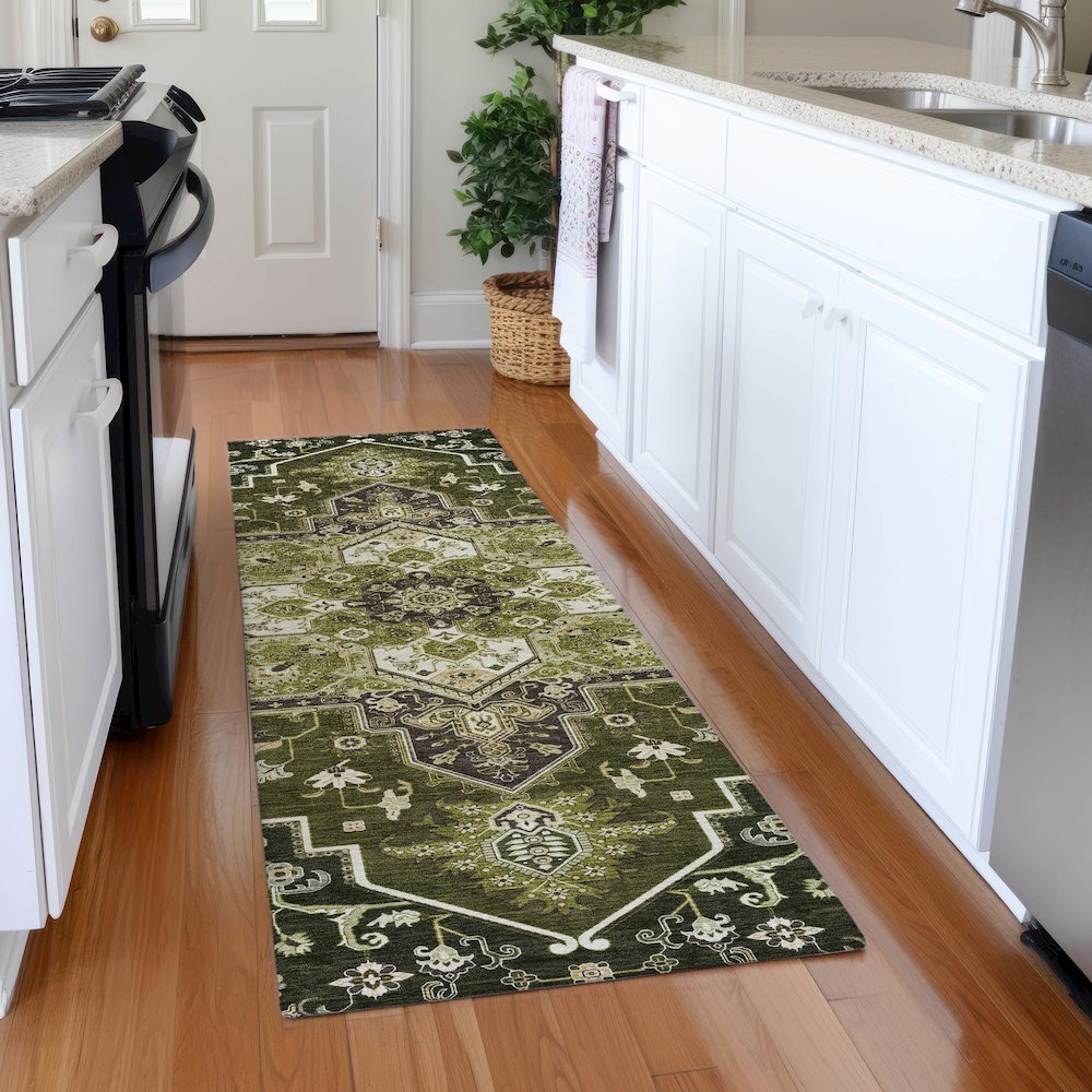 Premium Machine Washable Mayfield AMF1036 Olive 2'3" x 7'6" Runner Rug. Picture 5