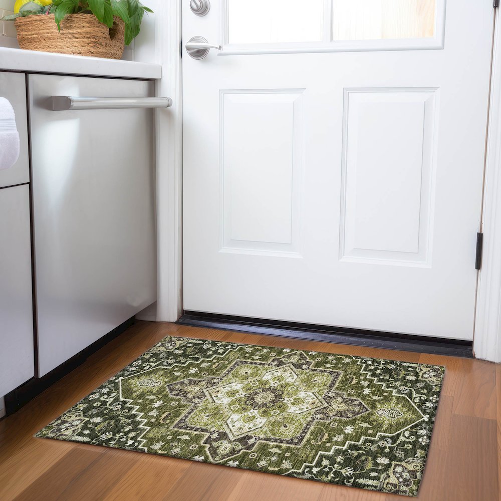 Premium Machine Washable Mayfield AMF1036 Olive 1'8" x 2'6" Rug. Picture 5