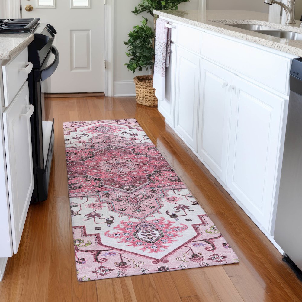 Premium Machine Washable Mayfield AMF1036 Pink 2'3" x 7'6" Runner Rug. Picture 5