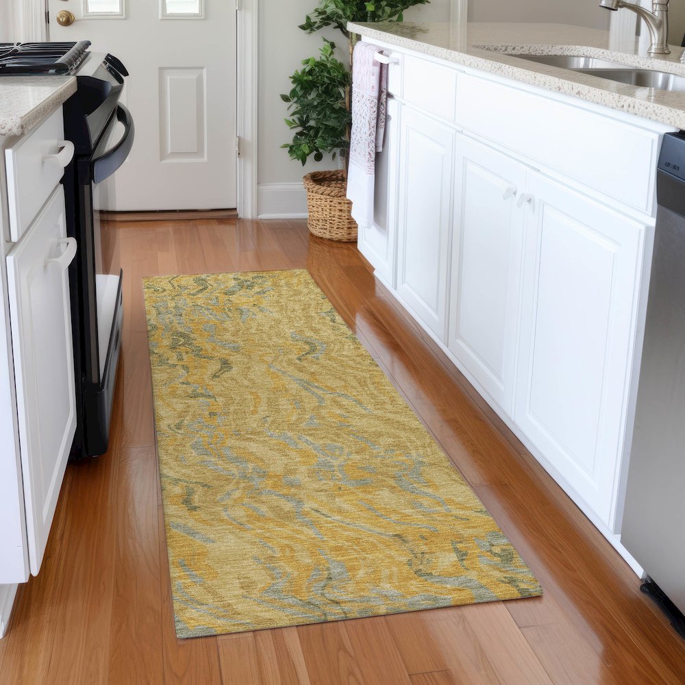 Premium Machine Washable Mayfield AMF1038 Gold 2'3" x 7'6" Runner Rug. Picture 5